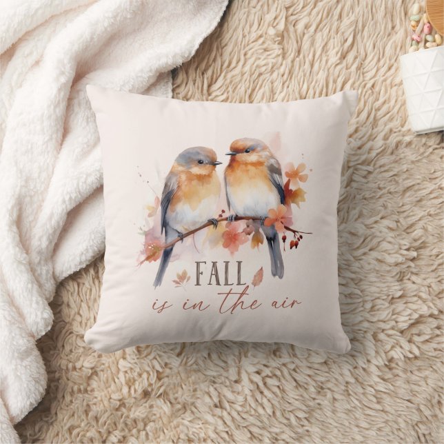 Fall Is In The Air – Cute Birds & Autumn Leaves Throw Pillow (Blanket)
