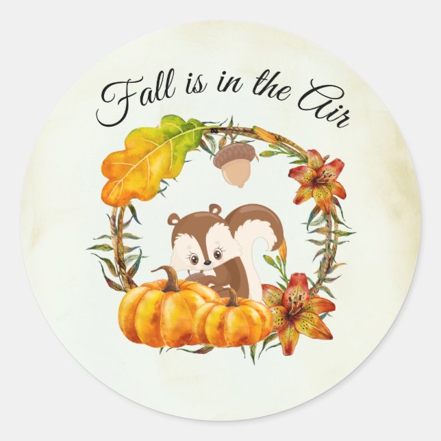 Fall is in the Air Typography with Squirrel Classic Round Sticker (Front)