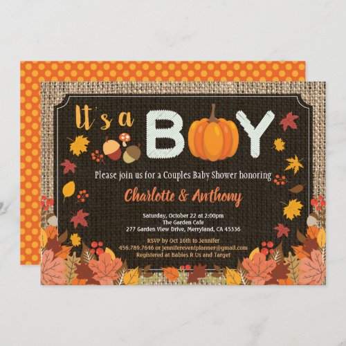 Fall its a boy pumpkin baby shower invitation