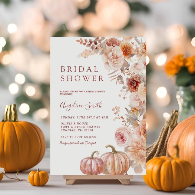 Fall Ivory Beige Flower Pumpkin Bridal Shower  Invitation (Creator Uploaded)