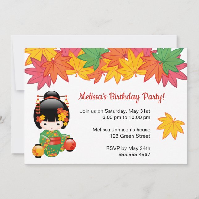 Fall Kokeshi Doll - Geisha Girl Birthday Party Invitation (Front)