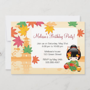 Fall Kokeshi Doll - Green Kimono Birthday Party Invitation