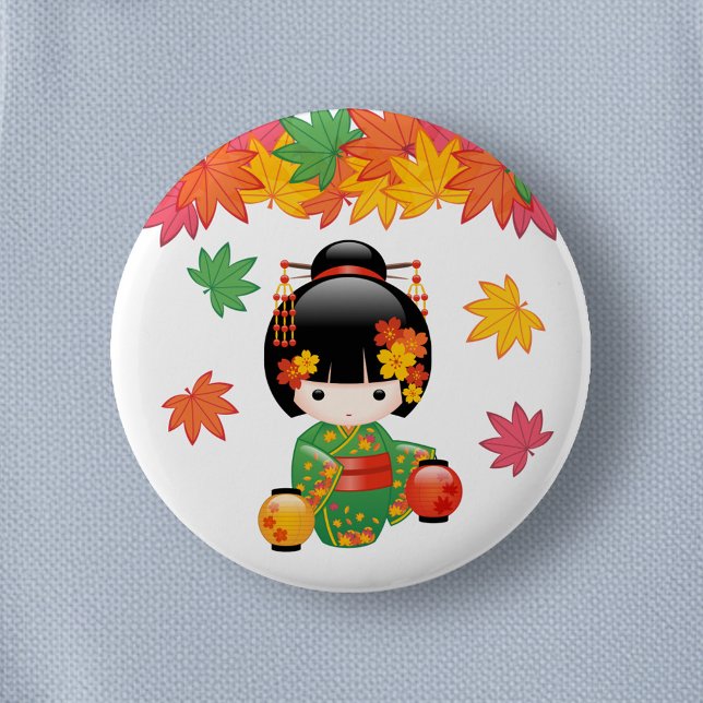 Fall Kokeshi Doll - Green Kimono Geisha Girl Button (Creator Uploaded)