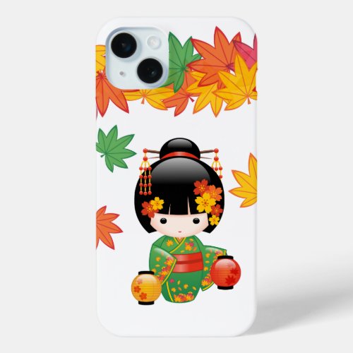 Fall Kokeshi Doll _ Green Kimono Geisha Girl iPhone 15 Plus Case