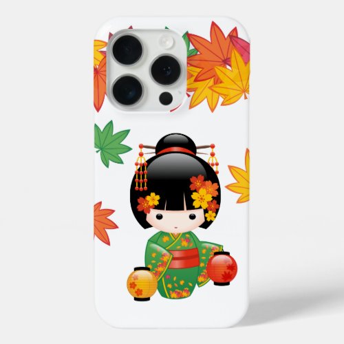 Fall Kokeshi Doll _ Green Kimono Geisha Girl iPhone 15 Pro Case