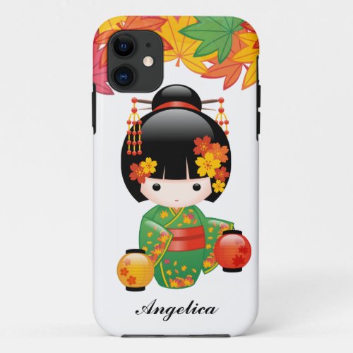 Fall Kokeshi Doll _ Green Kimono Geisha Girl iPhone 11 Case