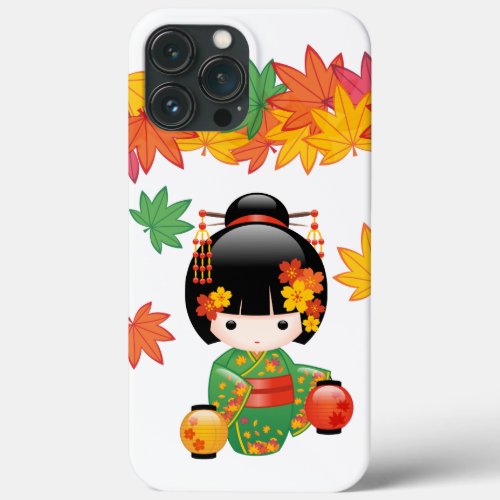 Fall Kokeshi Doll _ Green Kimono Geisha Girl iPhone 13 Pro Max Case