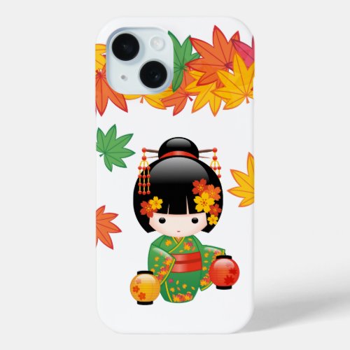Fall Kokeshi Doll _ Green Kimono Geisha Girl iPhone 15 Case