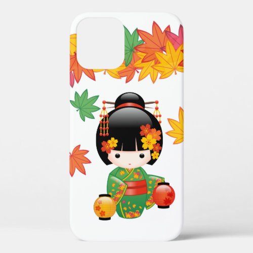 Fall Kokeshi Doll _ Green Kimono Geisha Girl iPhone 12 Case