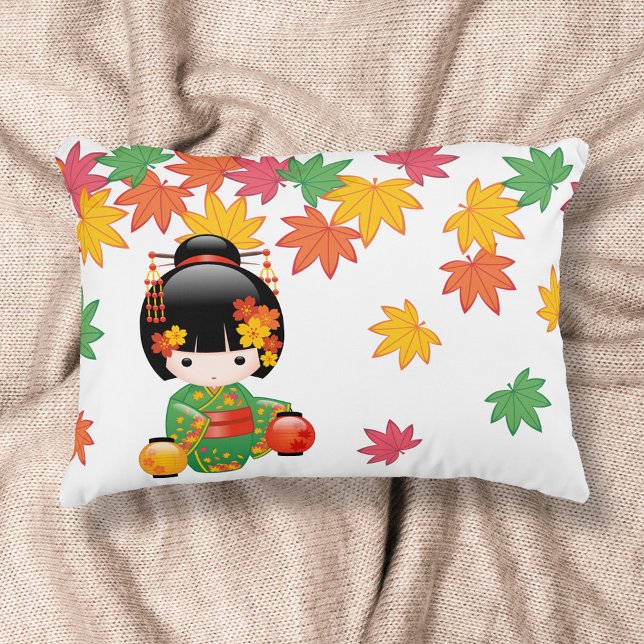 Fall Kokeshi Doll - Green Kimono Geisha Girl Decorative Pillow (Creator Uploaded)