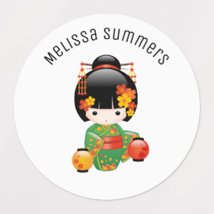 Fall Kokeshi Doll - Green Kimono Geisha Girl Kids' Labels