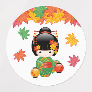 Fall Kokeshi Doll - Green Kimono Geisha Girl Kids' Labels