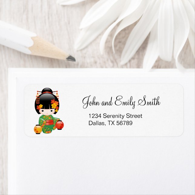 Fall Kokeshi Doll - Green Kimono Geisha Girl Label (Insitu)