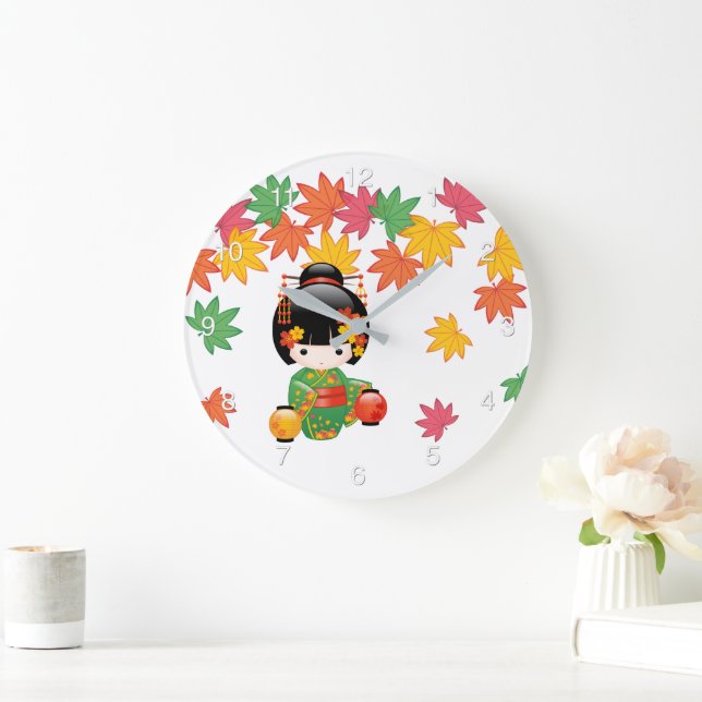 Fall Kokeshi Doll - Green Kimono Geisha Girl Large Clock (Home)