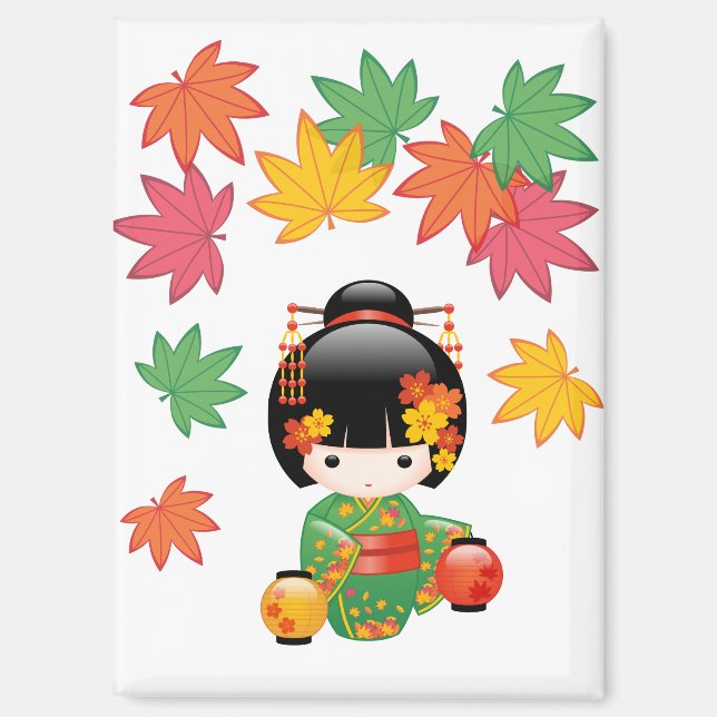 Fall Kokeshi Doll Green Kimono Geisha Girl Magnet (Front)