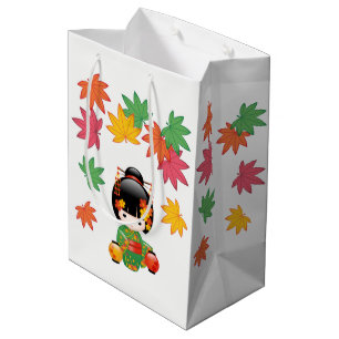 Fall Kokeshi Doll - Green Kimono Geisha Girl Medium Gift Bag