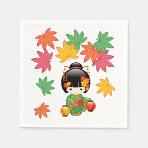 Fall Kokeshi Doll - Green Kimono Geisha Girl Napkins