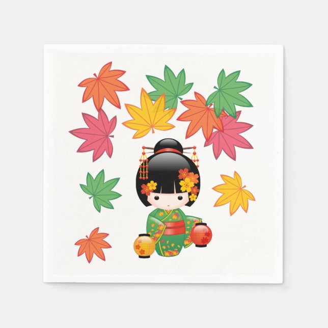 Fall Kokeshi Doll - Green Kimono Geisha Girl Napkins (Front)