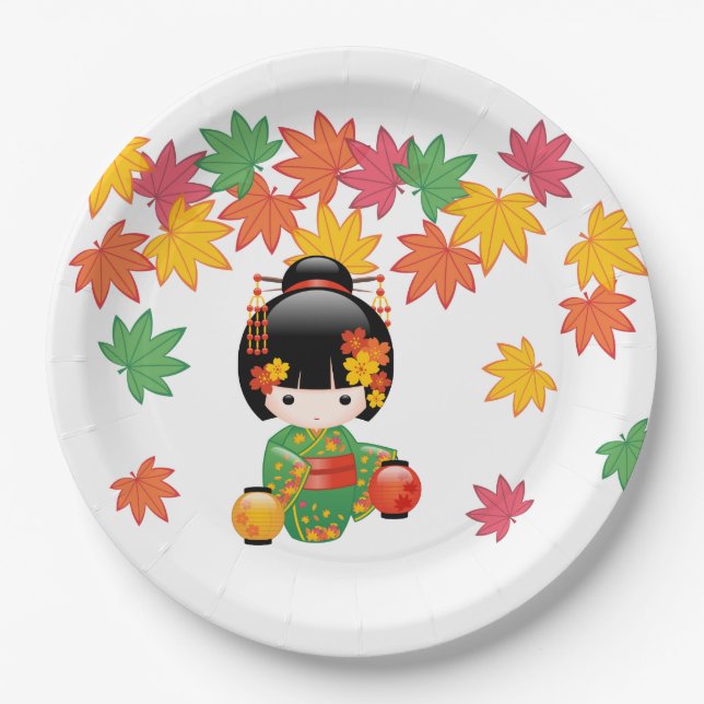 Fall Kokeshi Doll - Green Kimono Geisha Girl Paper Plates (Front)