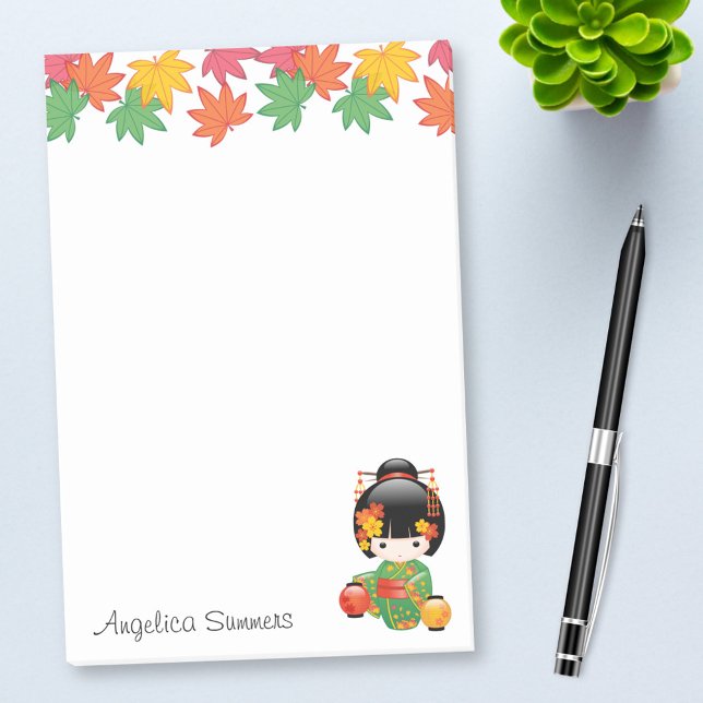 Fall Kokeshi Doll - Green Kimono Geisha Girl Post-it Notes (Creator Uploaded)