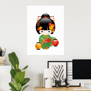 Fall Kokeshi Doll - Green Kimono Geisha Girl Poster