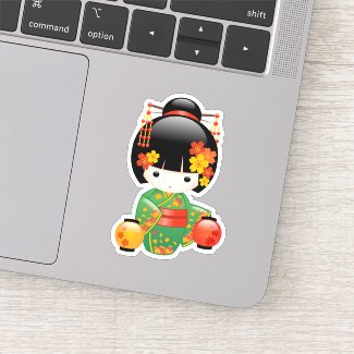 Fall Kokeshi Doll - Green Kimono Geisha Girl
