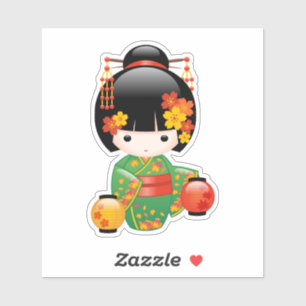 Fall Kokeshi Doll - Green Kimono Geisha Girl Sticker