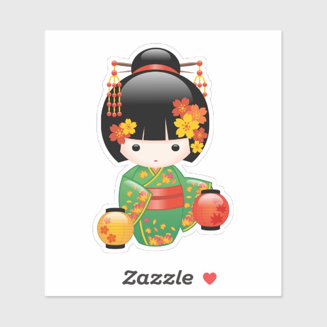 Fall Kokeshi Doll - Green Kimono Geisha Girl Sticker (Sheet)