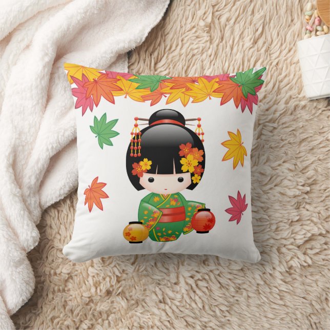 Fall Kokeshi Doll - Green Kimono Geisha Girl Throw Pillow (Blanket)