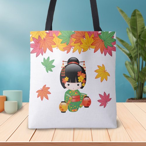 Fall Kokeshi Doll _ Green Kimono Geisha Girl Tote Bag