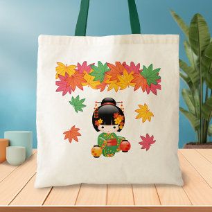 Fall Kokeshi Doll - Green Kimono Geisha Girl Tote Bag