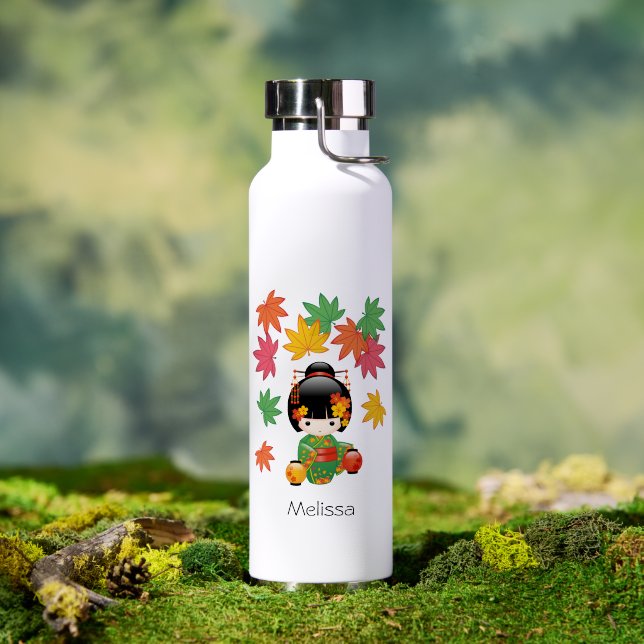 Fall Kokeshi Doll - Green Kimono Geisha Girl Water Bottle (Outdoor (Rotated))