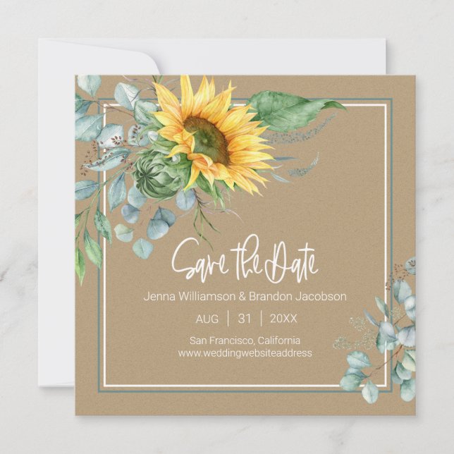 Fall Kraft Paper Sunflower  Eucalyptus Save The Date (Front)