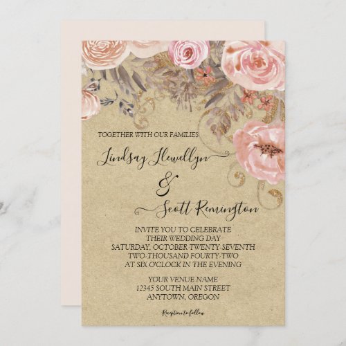 Fall Kraft Pink Earthy Watercolor Floral Rose Gold Invitation