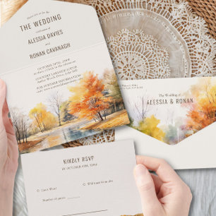 Fall Lake Watercolor Country Wedding All In One Invitation