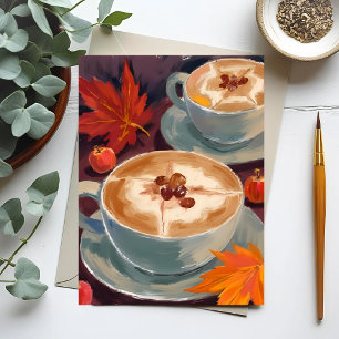 Fall Latte Date   Autumn Coffee Leaves Watercolor Postcard