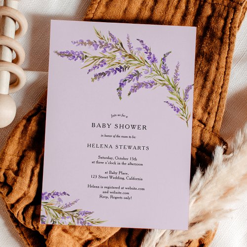 Fall lavender floral watercolor chic baby shower invitation