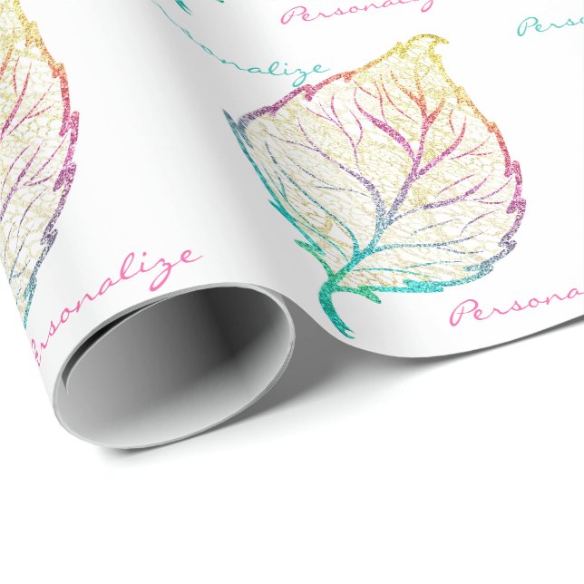 Fall leaf elegant cute pastel pink teal gold  wrapping paper (Roll Corner)