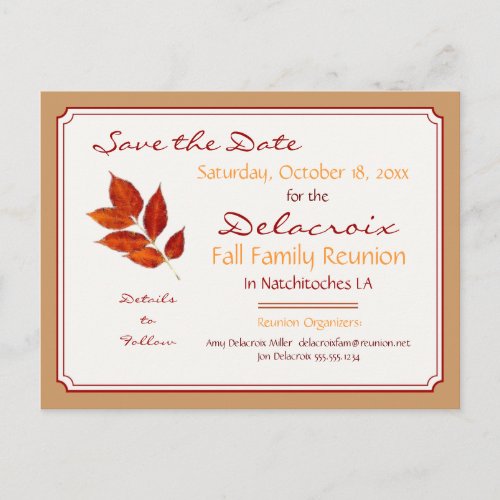 Fall Leaf Family Reunion Party Save the Date Announcement Postcard