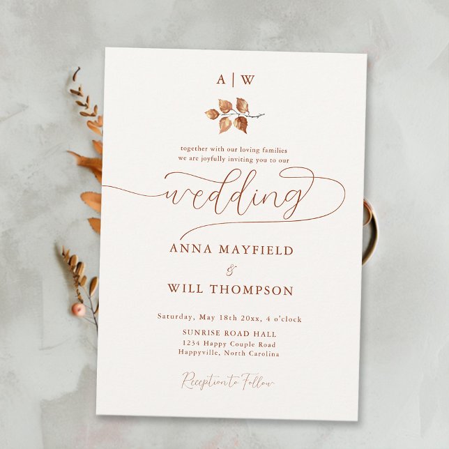 Fall Leaf Monograms Crest Modern Elegant Wedding Invitation (Simple Fall Leaf Wedding Invitation Elegant Modern Calligraphy Couple Monograms Crest Feminine Soft)