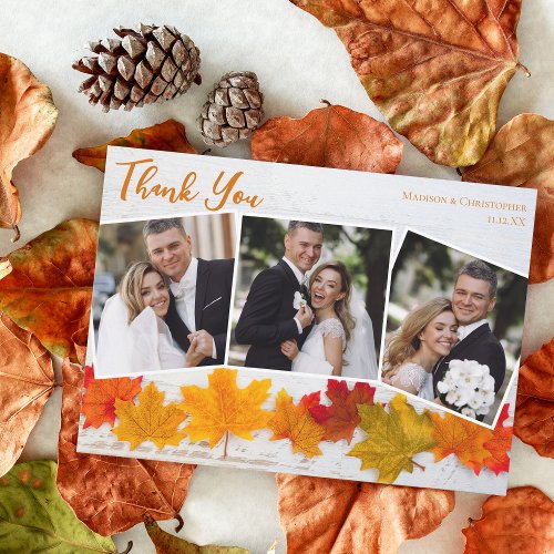 Fall Leaf Newlywed Photo Thanksgiving Wedding Thank You Card