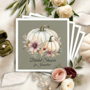 Fall Leaf Pumpkin Floral Taupe Sage Bridal Shower Napkins