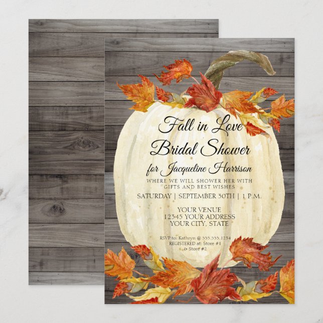 Fall Leaf Pumpkin Rustic Watercolor Bridal Shower Invitation (Front/Back)