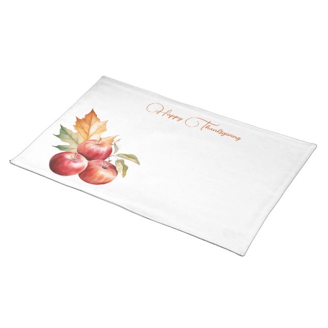 Fall Leaf & Red Apples Happy Thanksgiving Cloth Placemat (On Table)