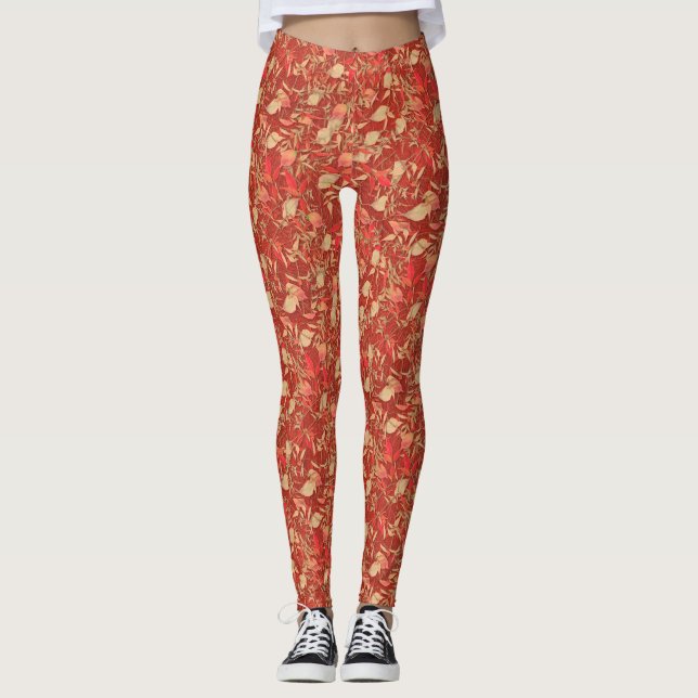 Fall Leaf Rust Orange Red Look Beige Khaki Leggings (Front)