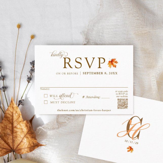 Fall Leaf Rustic Autumn Wedding QR Code RSVP Enclosure Card (Watercolor Fall maple leaf Simple modern elegant formal QR code monogram Autumn wedding RSVP card)
