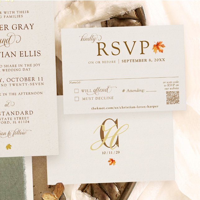 Fall Leaf Rustic Beige Autumn Wedding QR Code RSVP Enclosure Card (Simple beige gold rust watercolor Fall leaf Autumn formal wedding invitation  RSVP card with QR code)