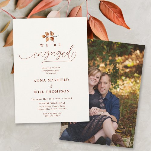 Fall Leaf Terracotta Calligraphy Engagement Photo Invitation