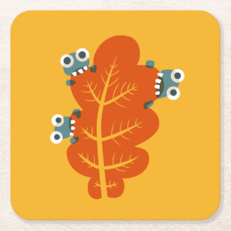 Fall Leaf With Funny And Cute Bugs - Yellow Orange Square Paper Coaster