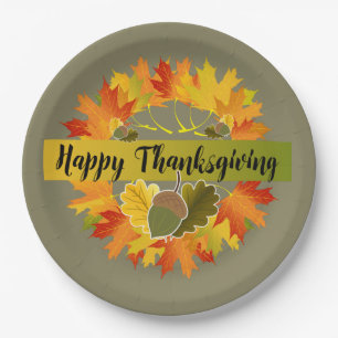 Fall Leaf Wreath with Acorns, Happy Thanksgiving Paper Plates